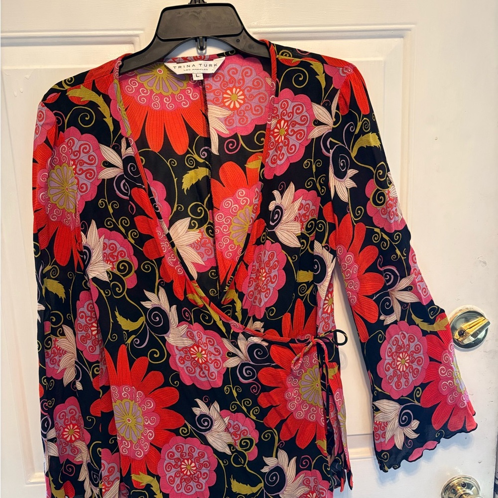Trina Turk Floral Wrap Blouse - Red and Pink